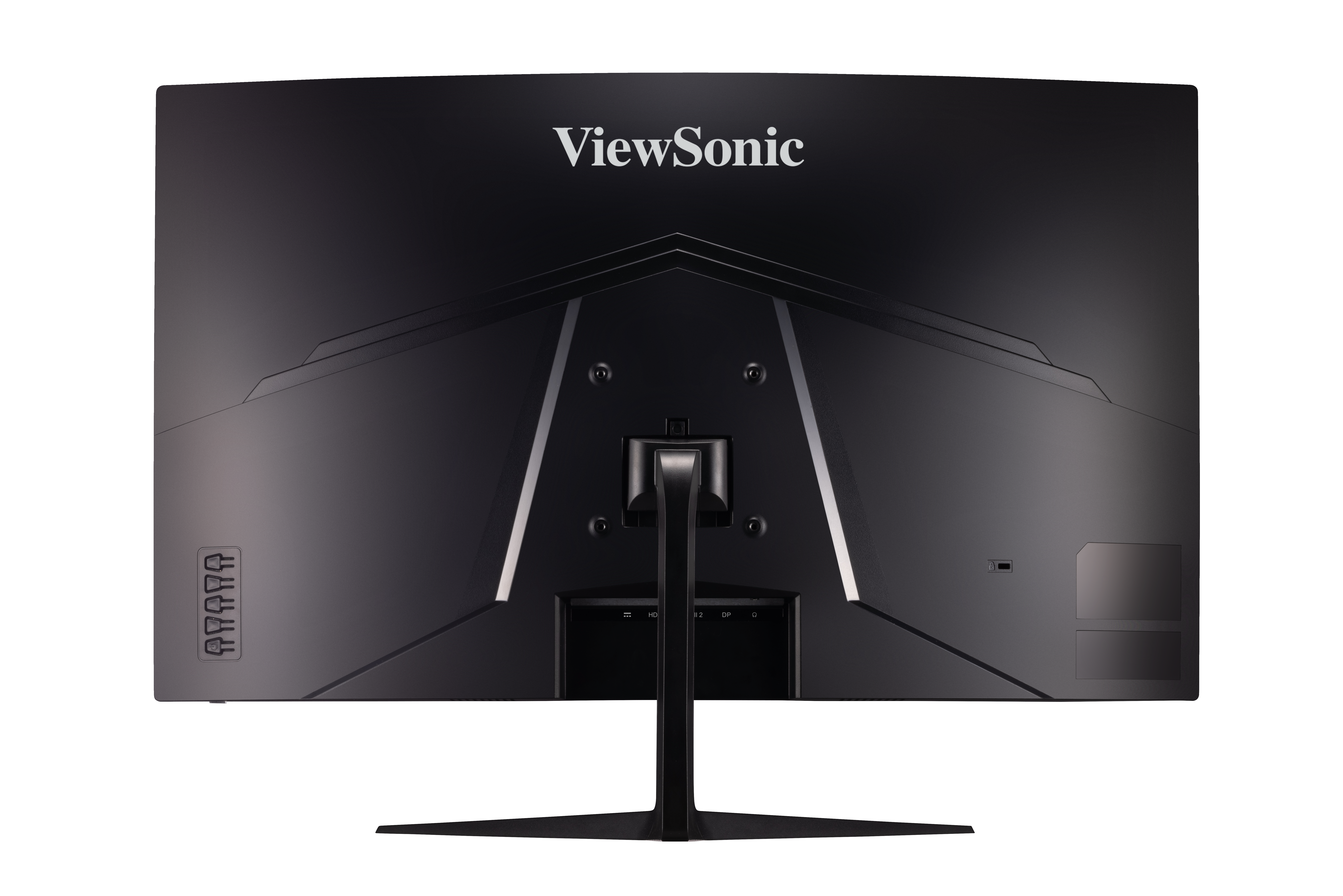 Siyah ViewSonic monitör arkası, bağlantı noktaları ve stand montaj detayları.