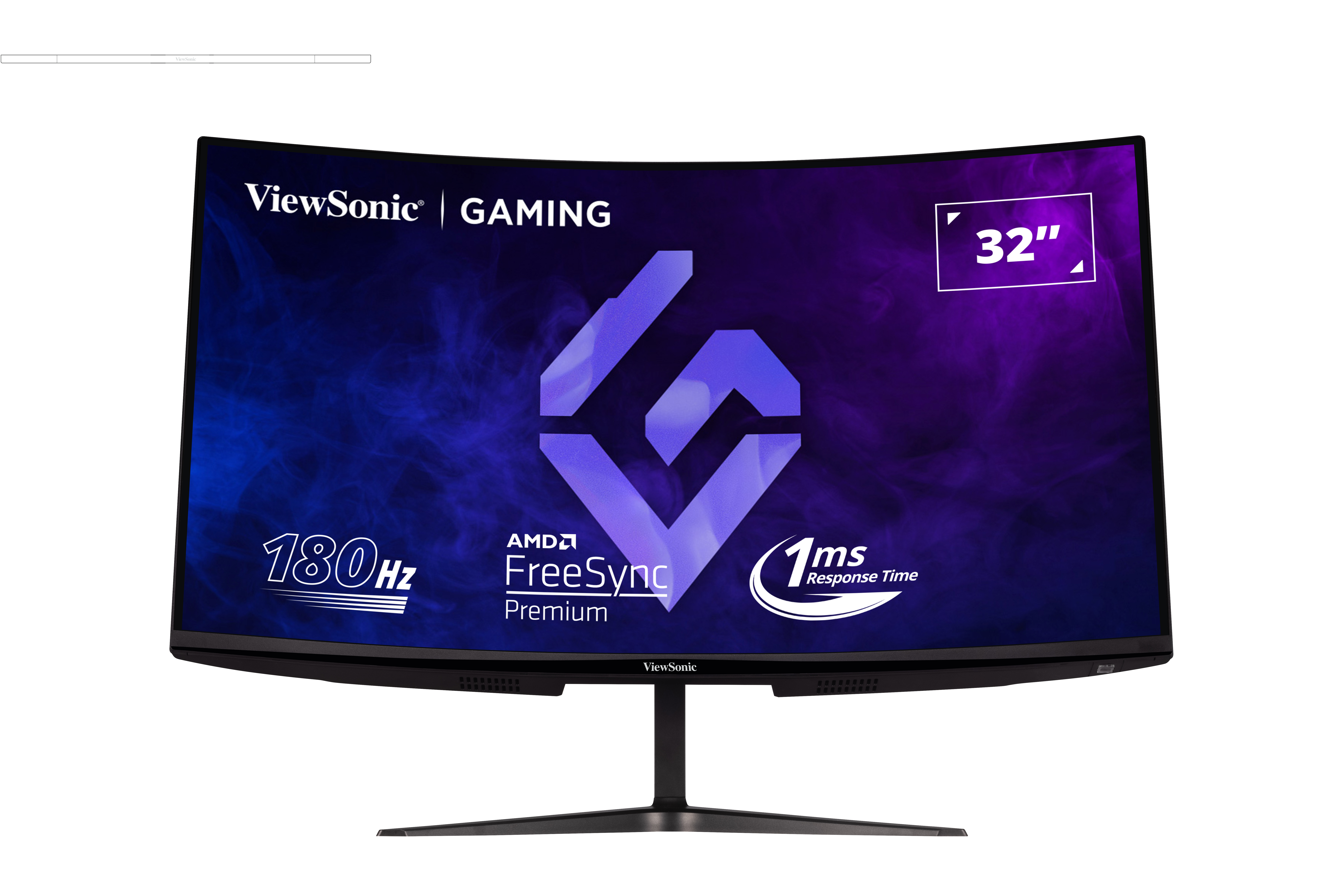 ViewSonic ve Gaming logosu bulunan kavisli 32" monitör. Arka plan, mor ve mavi renklerle koyu.