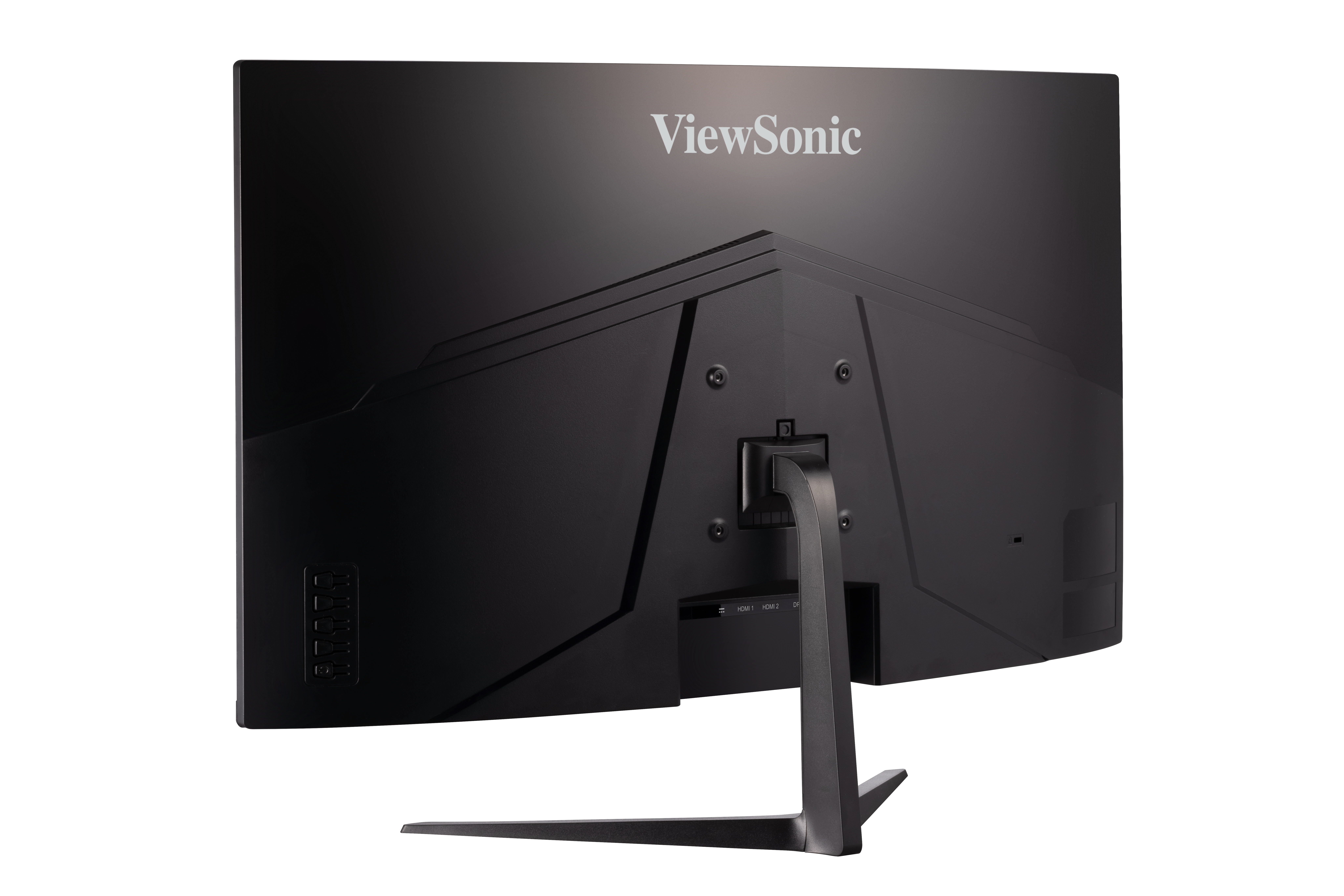Siyah bilgisayar monitörünün arkası. Üstte ViewSonic logosu. Altta gümüş stand ve bağlantı noktaları.