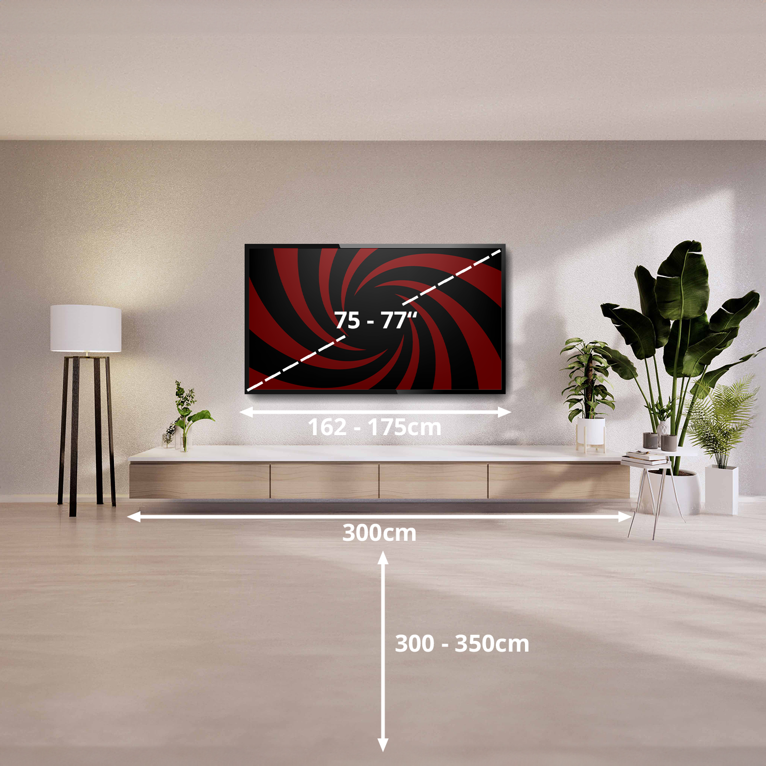 Salon z telewizorem na drewnianej szafce i dekoracjami, pokazane wymiary.