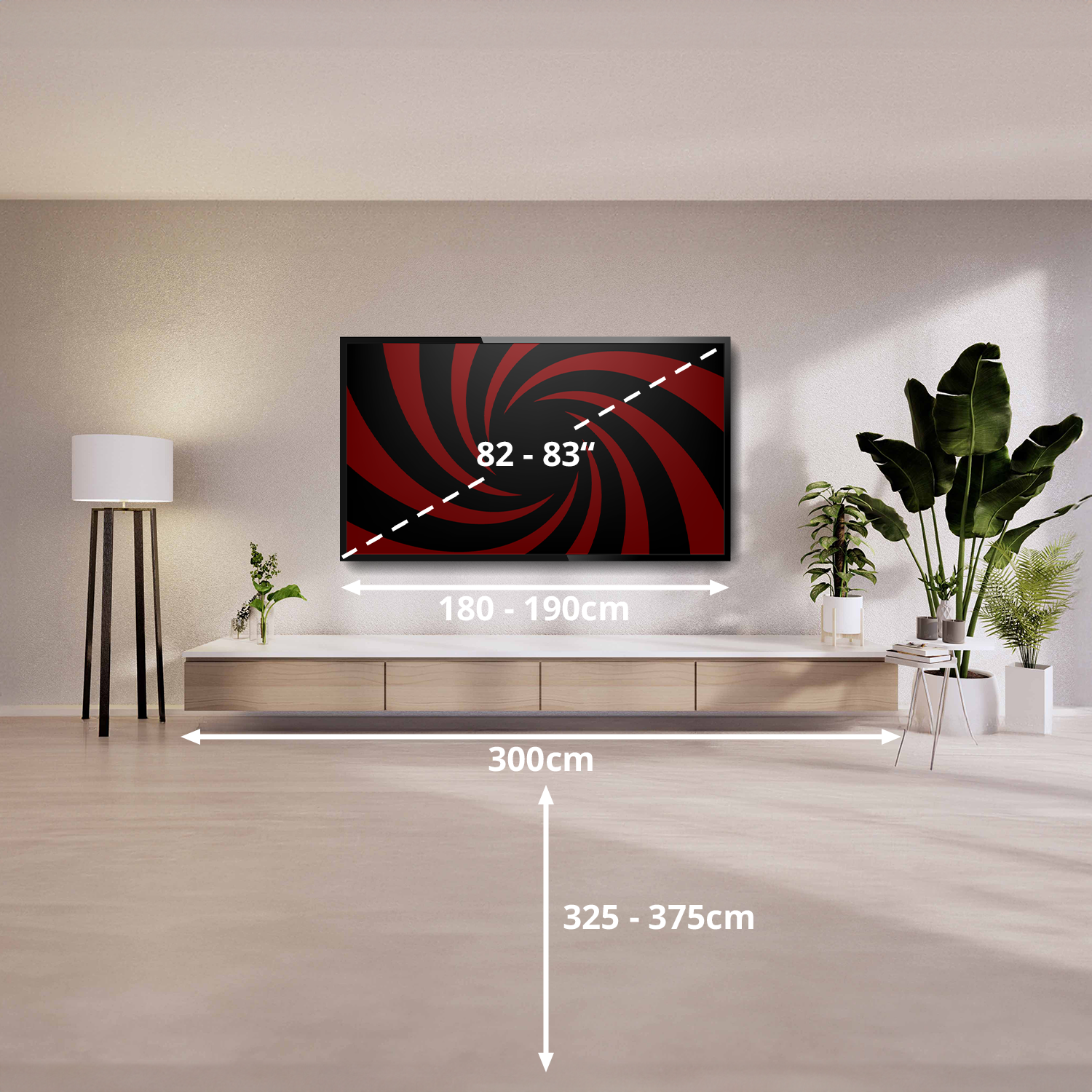 Wnętrze pokoju z telewizorem na szafce, lampą, roślinami i wymiarami 82-83 cali.