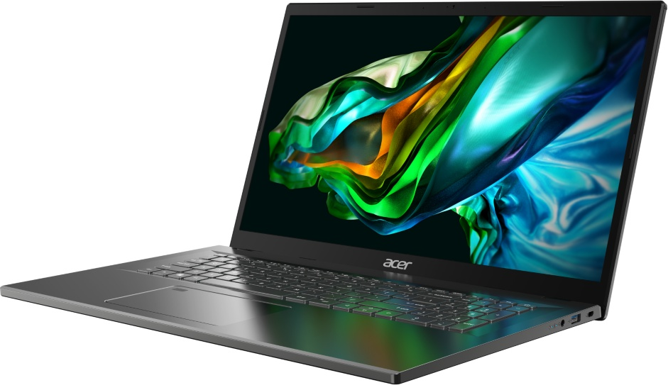 Laptop mit geöffnetem Bildschirm, der bunte abstrakte Kunst zeigt. Silbernes Gehäuse, schwarzer Rahmen und Tastatur sichtbar.