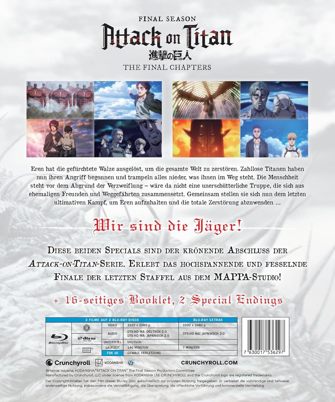 Rückseite der Attack on Titan Final Season Blu-ray Disc Hülle mit Text und Bildern.