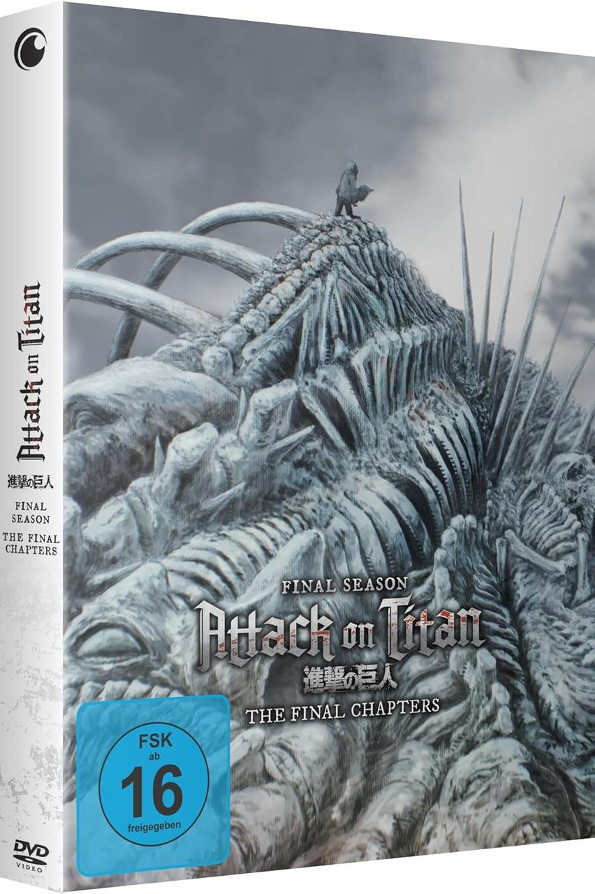 DVD-Box von Attack on Titan: The Final Season, mit einer detaillierten Skelettstruktur.