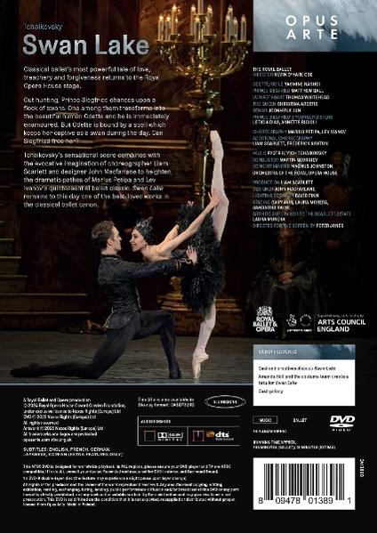 Eine Ballett-DVD-Hülle von Schwanensee. Eine Ballerina und ein Mann tanzen. Text.
