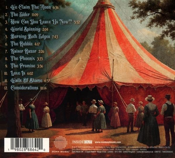 Rückseite einer CD-Hülle mit einem Zirkuszelt und Text.