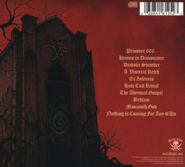 Albumcover mit dunkler Zeichnung einer Kirche und Songtitelliste in Rot auf dunkelrotem Hintergrund.