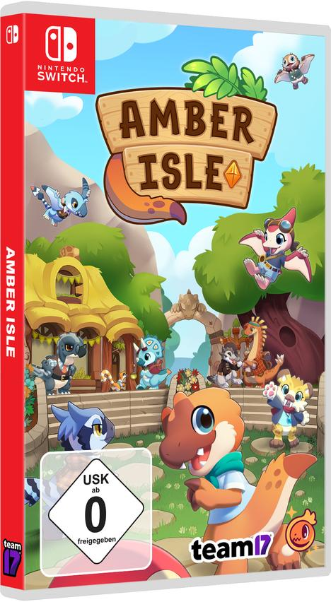 Die Nintendo Switch-Spielbox 'Amber Isle'. Die Box zeigt Zeichentrickfiguren und eine farbenfrohe Szene.