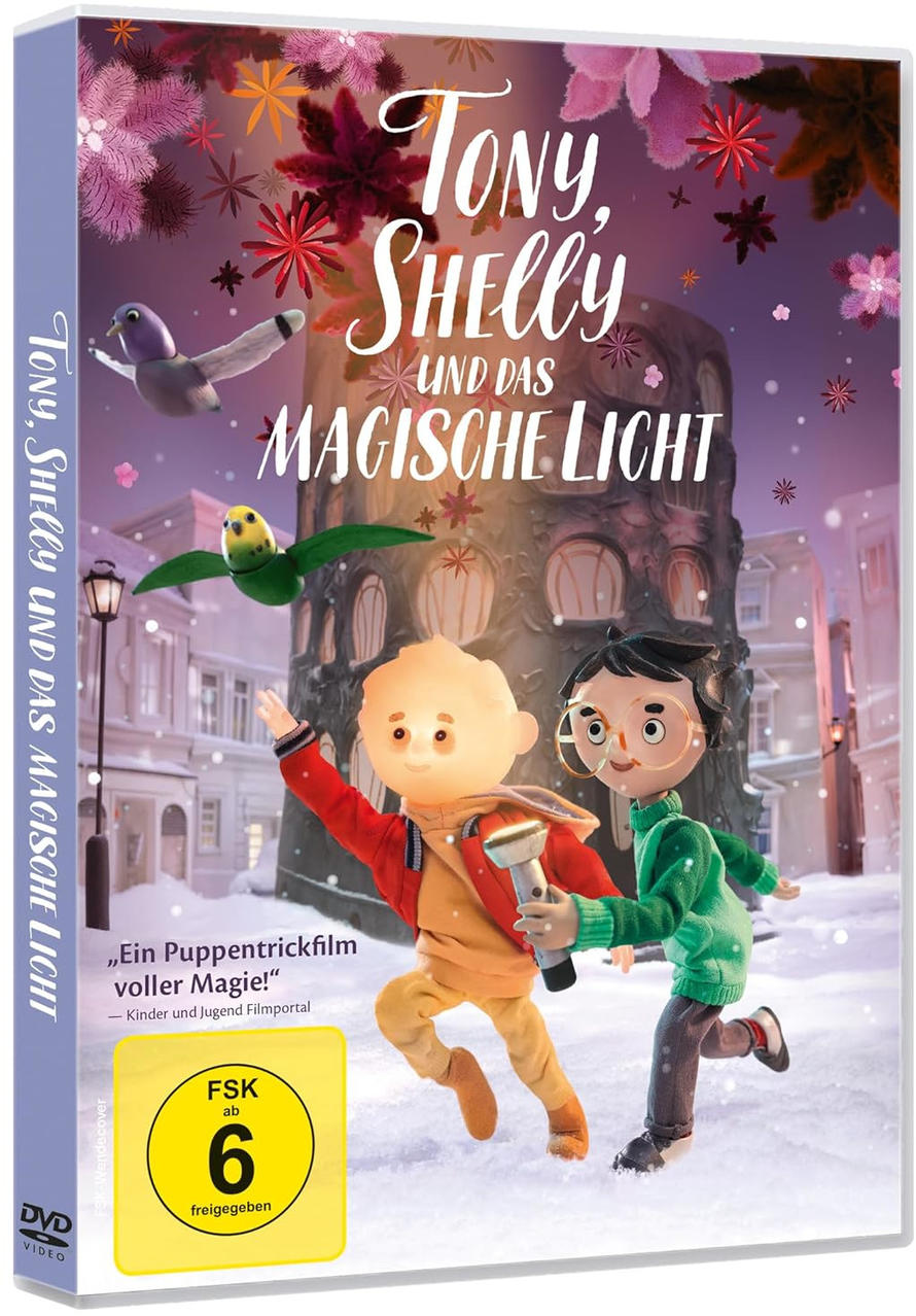 DVD-Cover mit Zeichentrickfiguren in einer Schneelandschaft. Titel: Tony, Shelly und das magische Licht.
