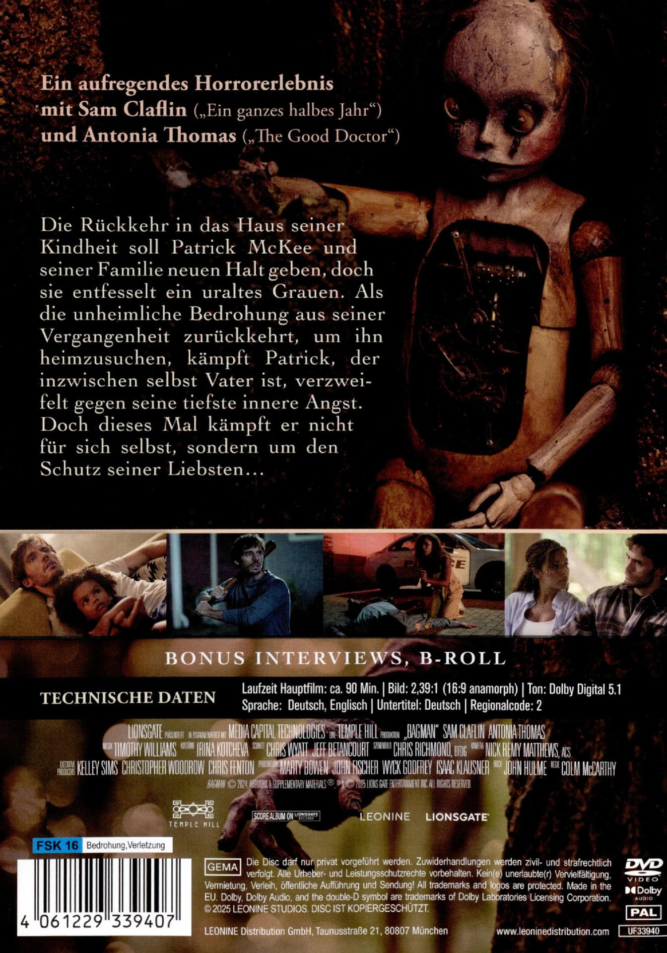 Rückseite einer DVD-Hülle mit einer gruseligen Puppe und Text.