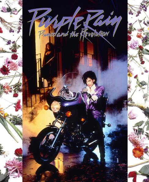 Albumcover für Purple Rain. Mann auf Motorrad, floraler Rand.
