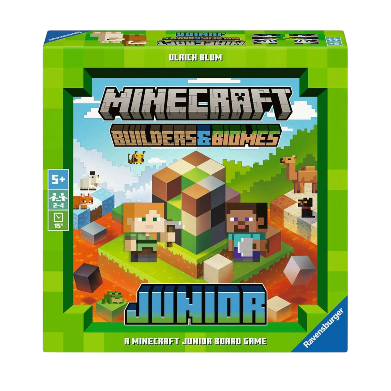 Minecraft bordspeldoos met een groene achtergrond en spelkarakters.
