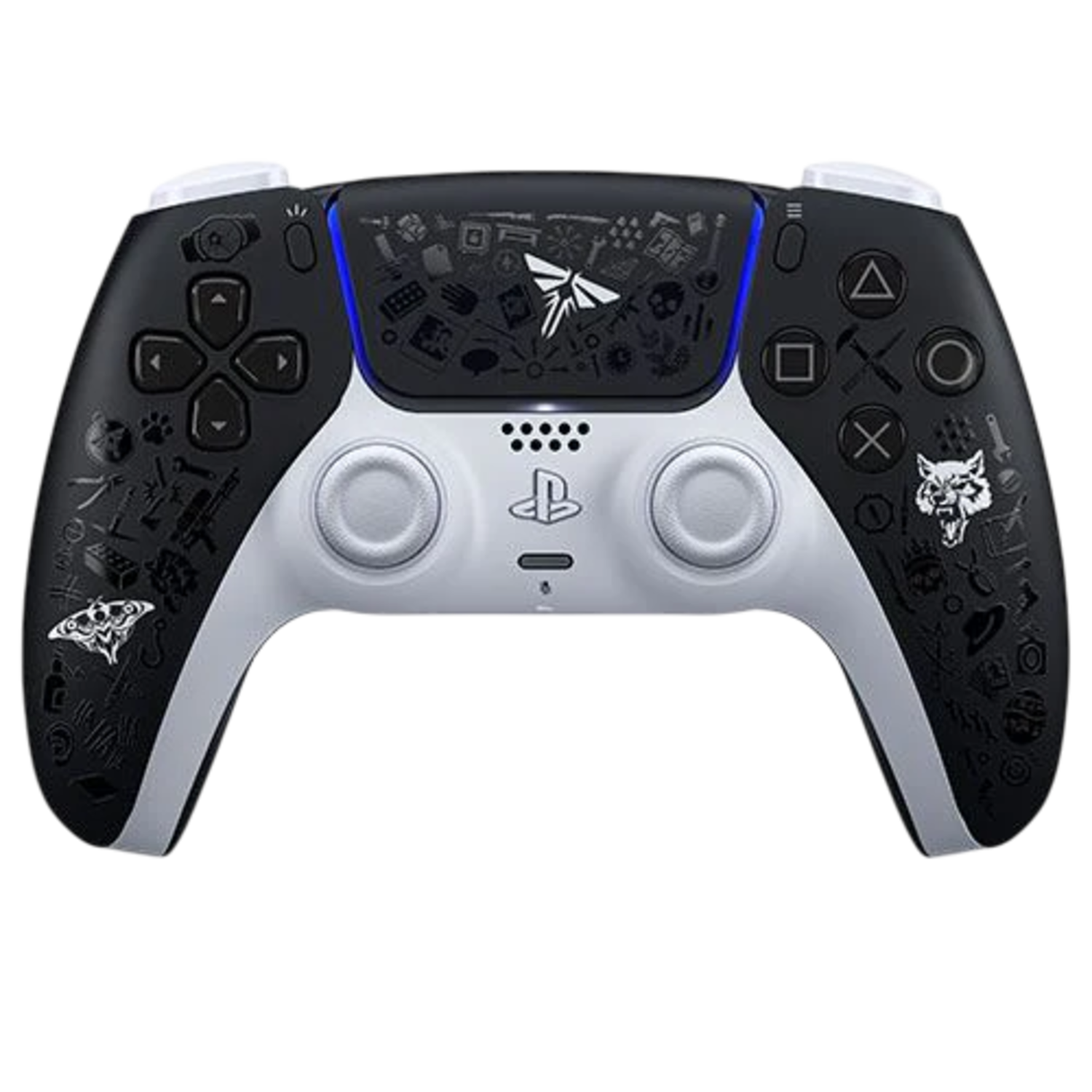 Zwart-witte PlayStation 5 controller met aangepaste kunstwerken. Zwarte achtergrond.