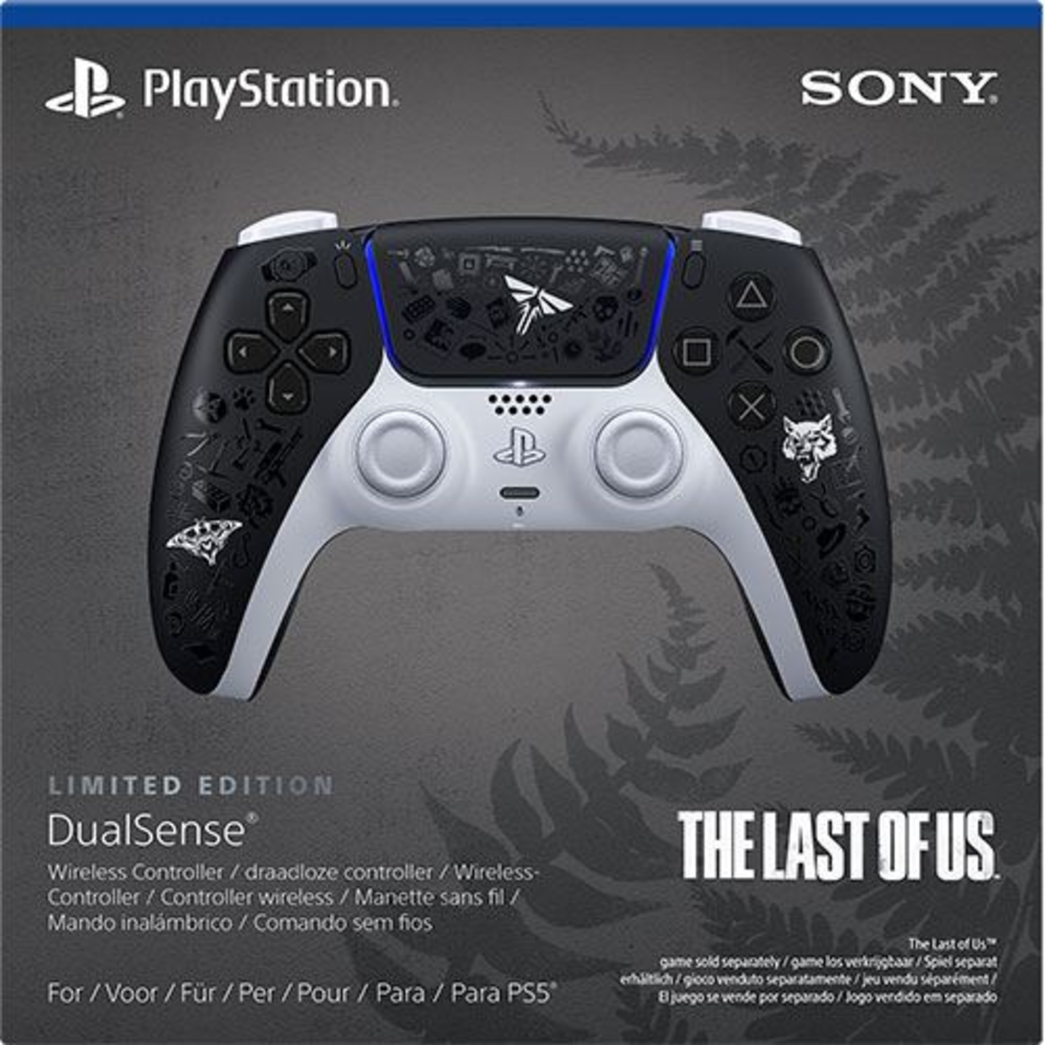 Een zwart-witte PlayStation-controller met The Last of Us-branding en game-artwork.