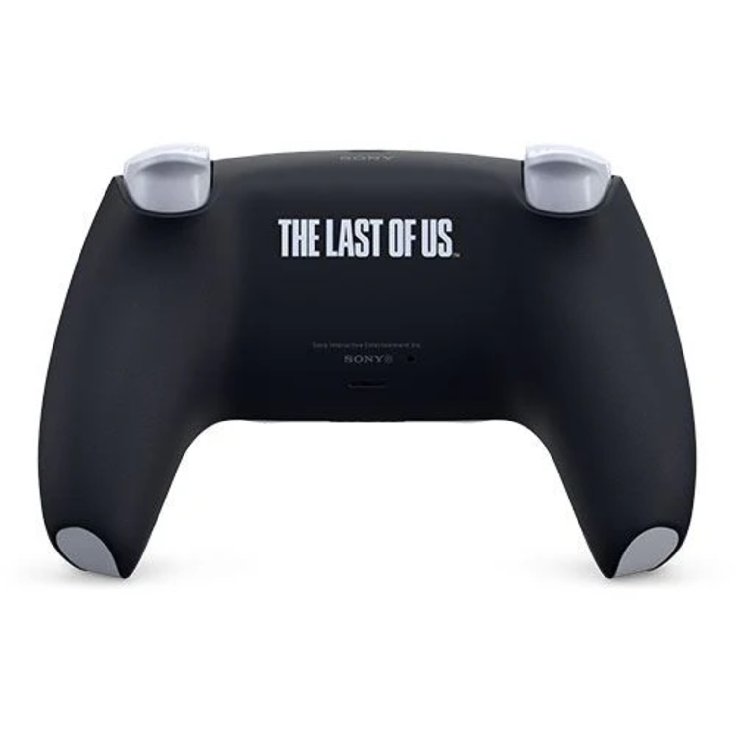 Achterkant van een zwarte Playstation 5 controller met tekst.