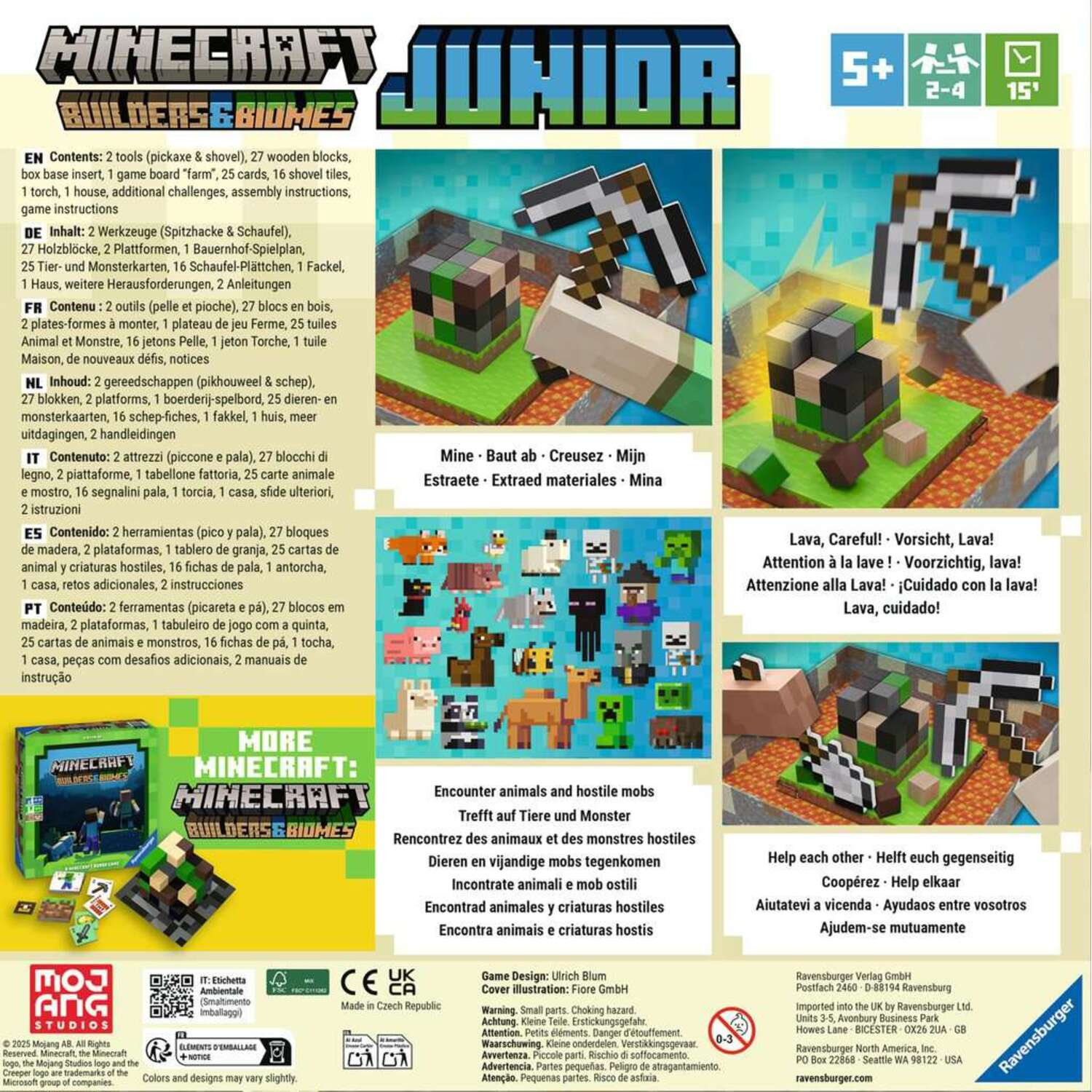 Minecraft Junior game box with text and pictures. Shows game pieces and characters.