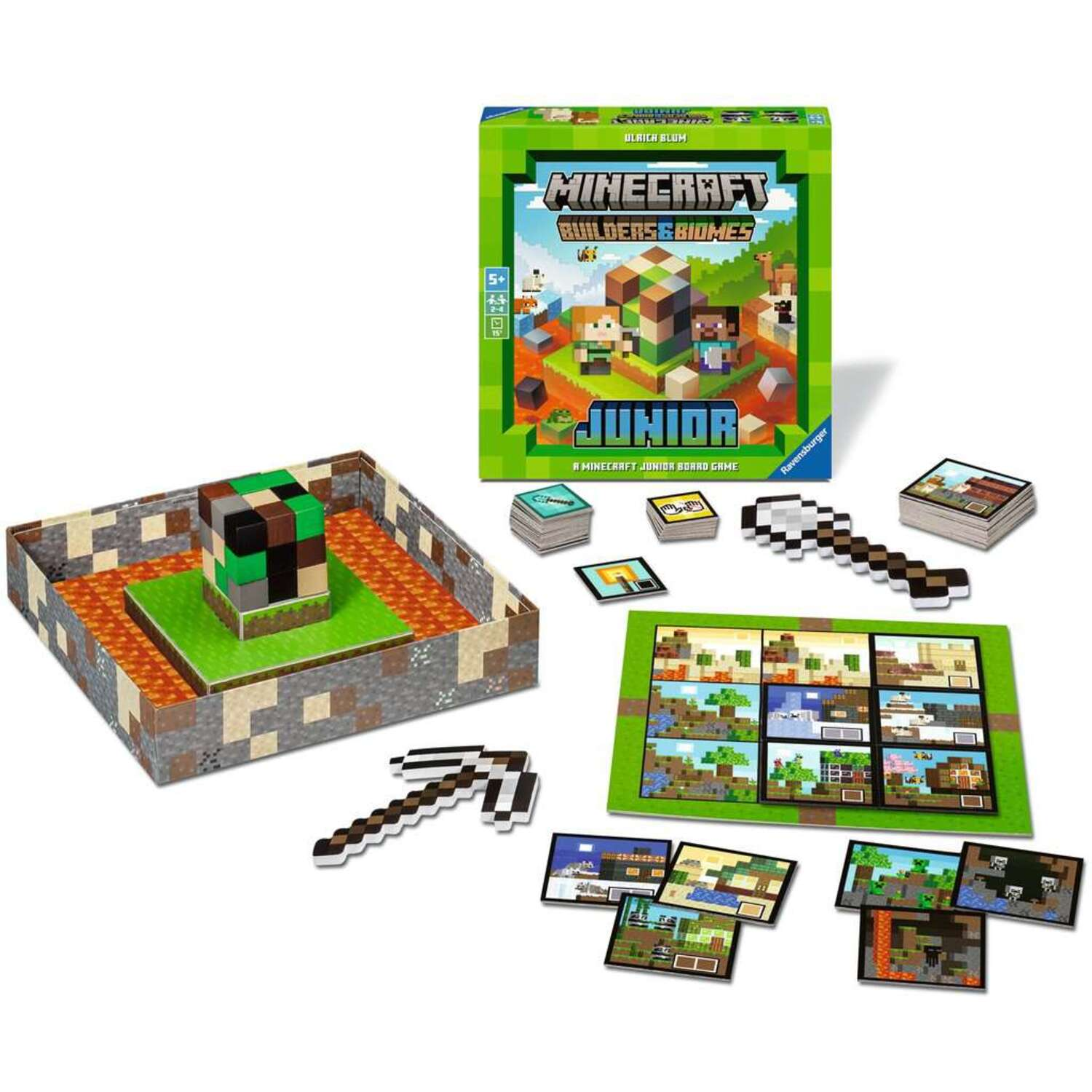 Minecraft board game with game pieces and a building on a white background.