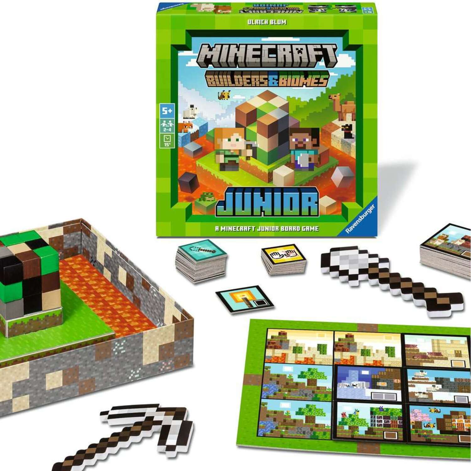 A Minecraft board game box, game pieces, and a game board, all on a white surface.