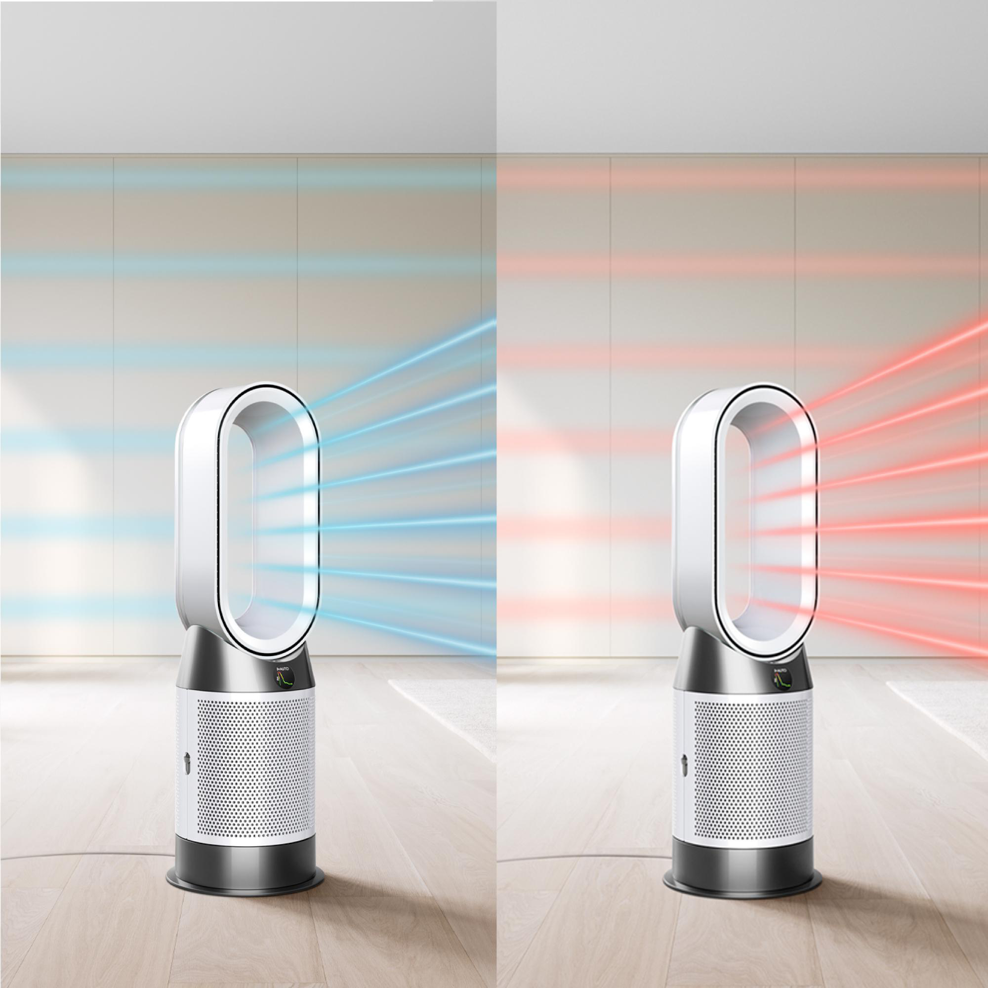 Zwei weiße Ventilatoren mit blauem und rotem Luftstrom vor einer weißen Wand.