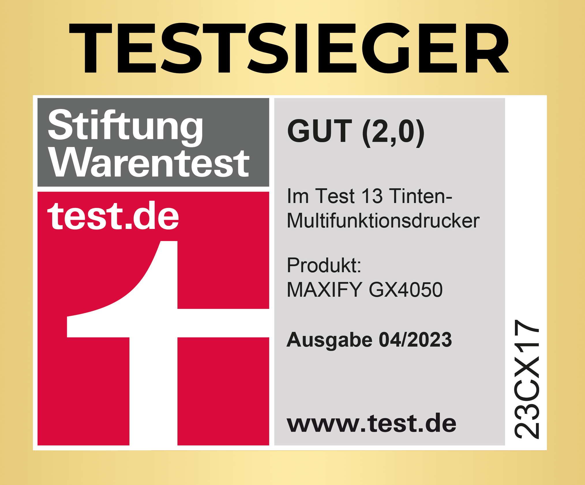 Stiftung Warentest: 'GUT (2,0)' für MAXIFY GX4050 Drucker, Ausgabe 04/2023.
