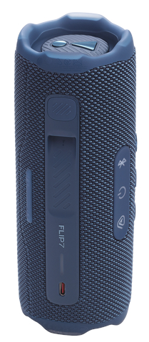 Niebieski głośnik cylindryczny z przyciskami i paskiem z boku.