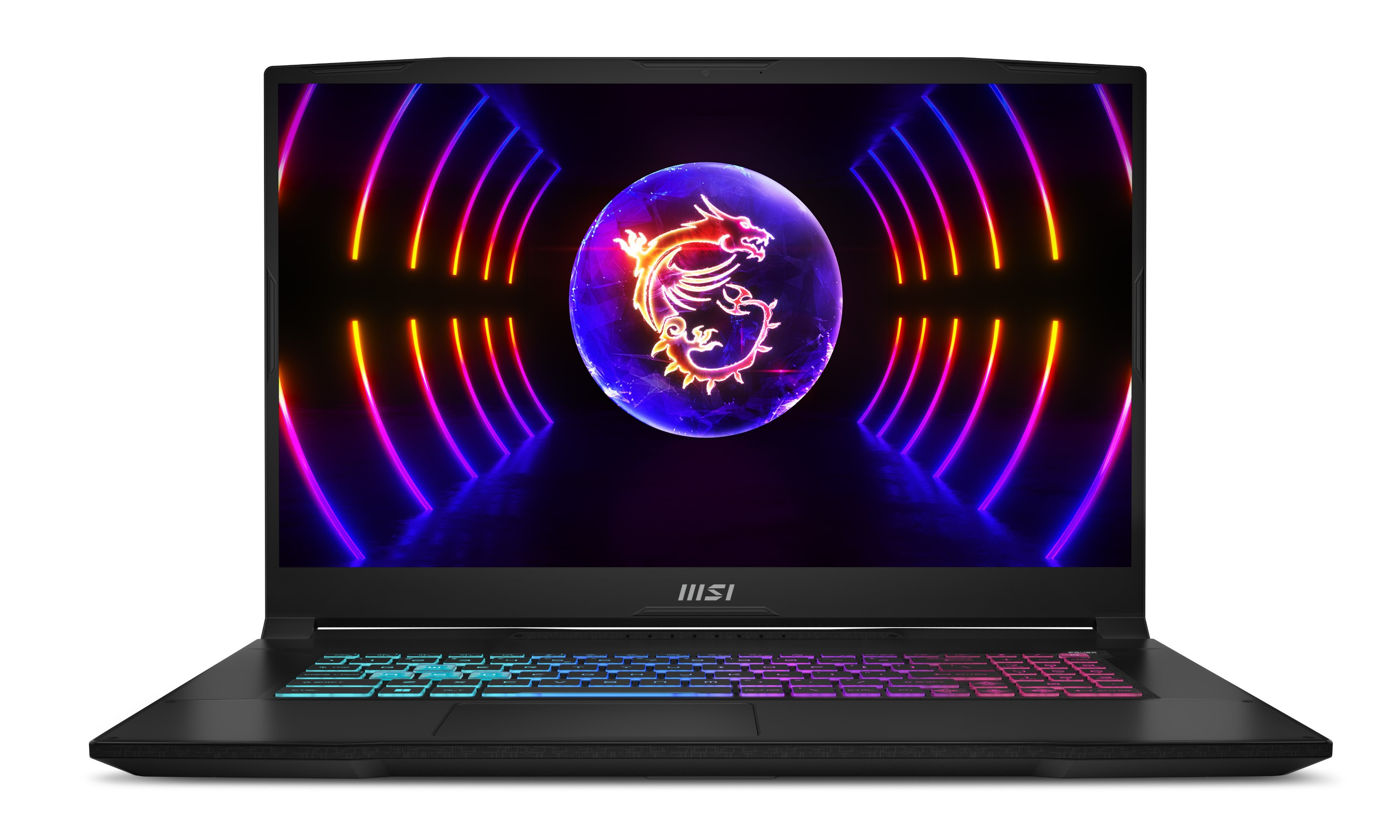 Laptop z kolorowym ekranem pokazującym wizerunek smoka. Klawiatura ma podświetlenie RGB.