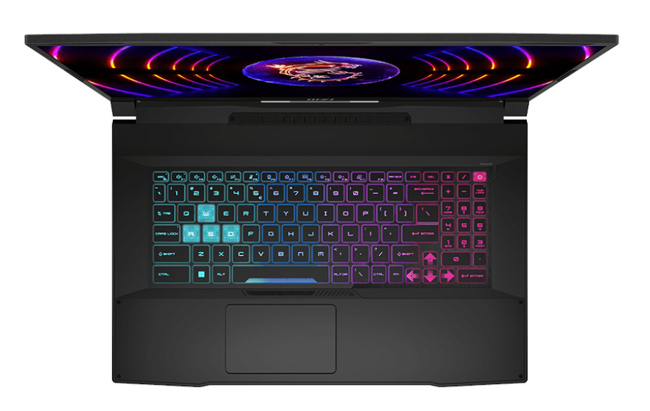 Widok z góry na czarnego laptopa z kolorową podświetlaną klawiaturą i białym tłem.