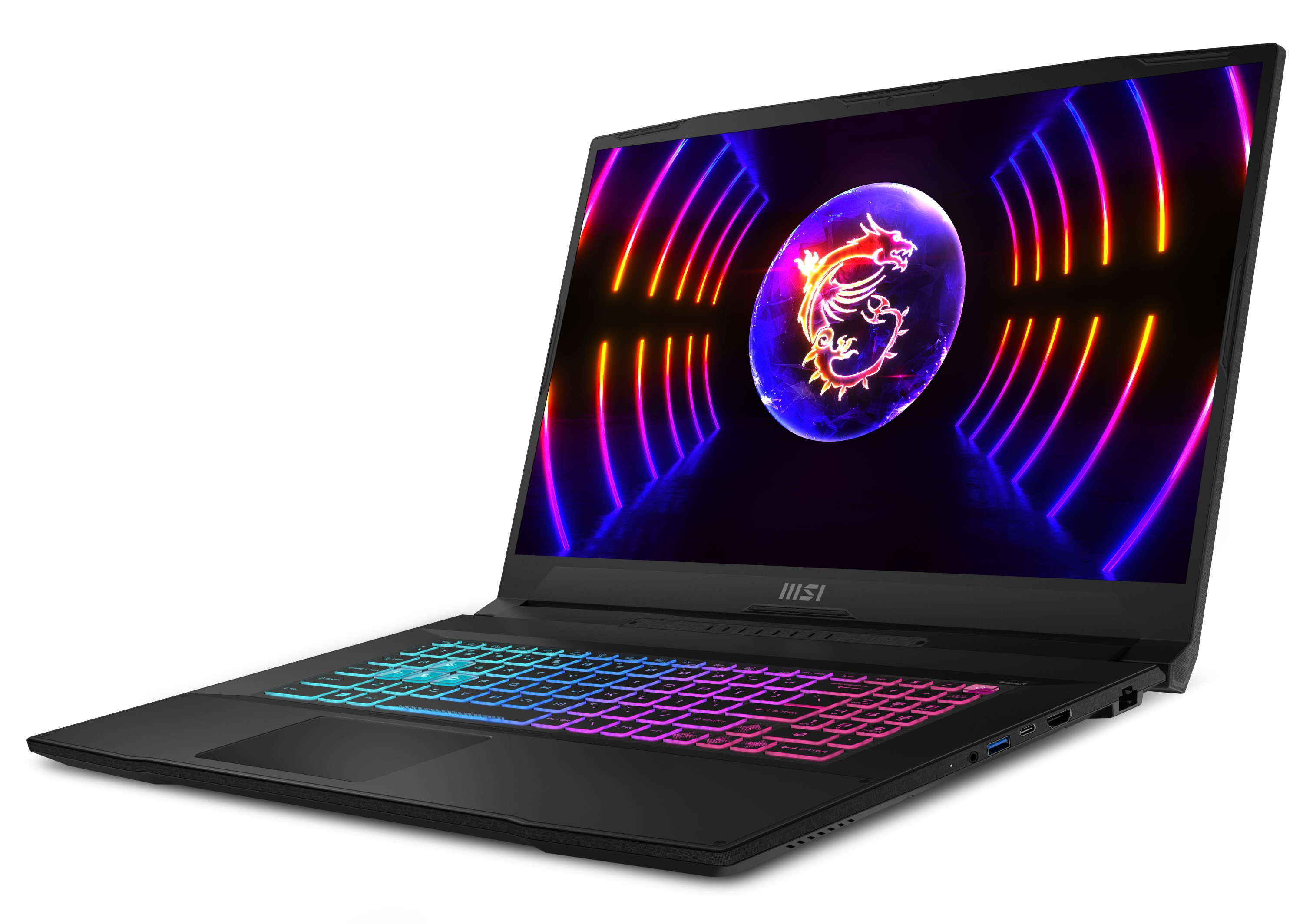 Czarny laptop z kolorową klawiaturą i ekranem pokazującym smoka.