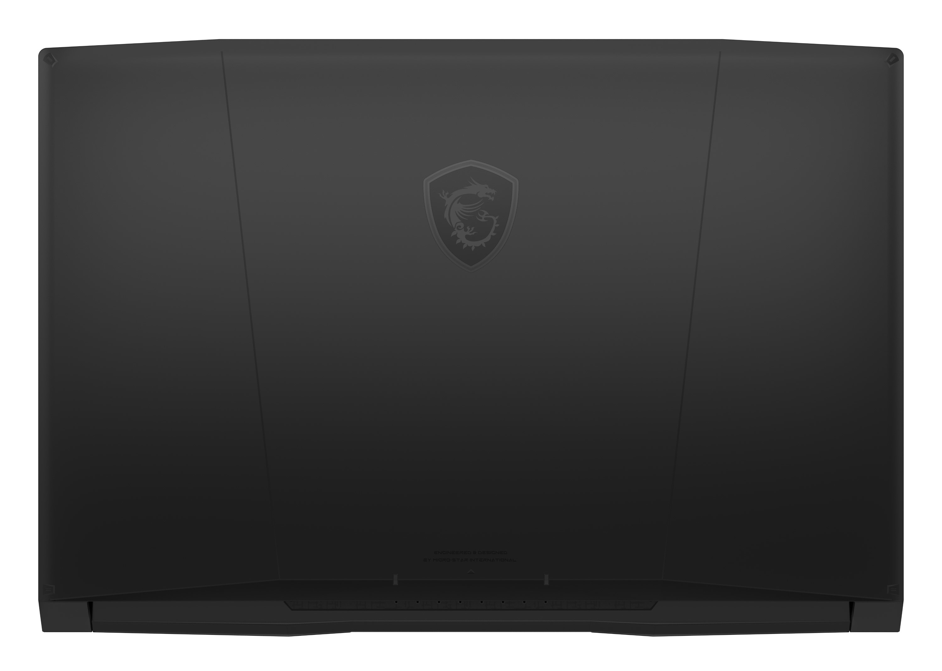 Czarny laptop z logo na pokrywie, widok z góry.