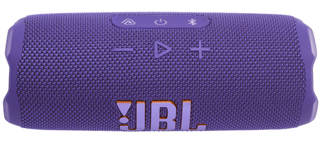 Fioletowy głośnik JBL, prostokątny z przyciskami u góry i pomarańczowym logo JBL.