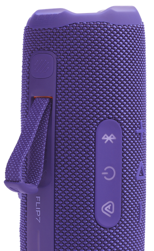 Fioletowy głośnik z przyciskami i paskiem do przenoszenia.