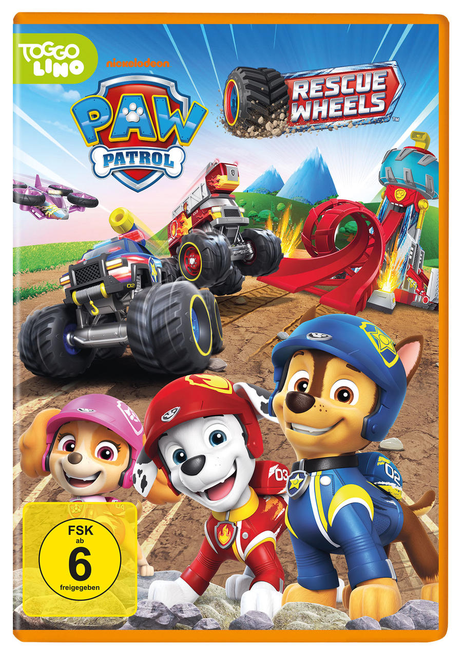 Paw Patrol Rescue Wheels DVD-Cover. Charaktere vor Monstertrucks und einer Rennstrecke. FSK-Einstufung von 6.