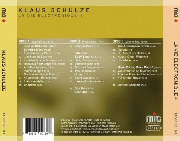 CD-Hülle mit Titelliste, Künstlername Klaus Schulze und gelbem Hintergrund.