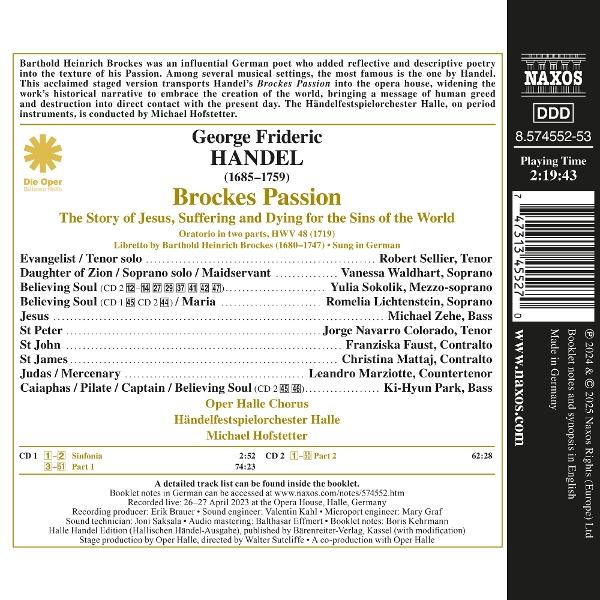 Rückseite einer CD mit Text über die Oper Brocke's Passion.