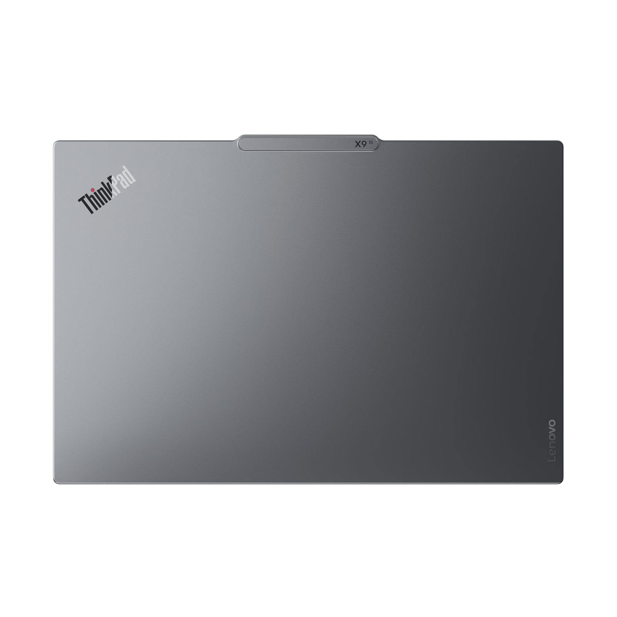Laptop Lenovo ThinkPad X9, vista superior, color gris. Logotipo Lenovo abajo a la derecha.