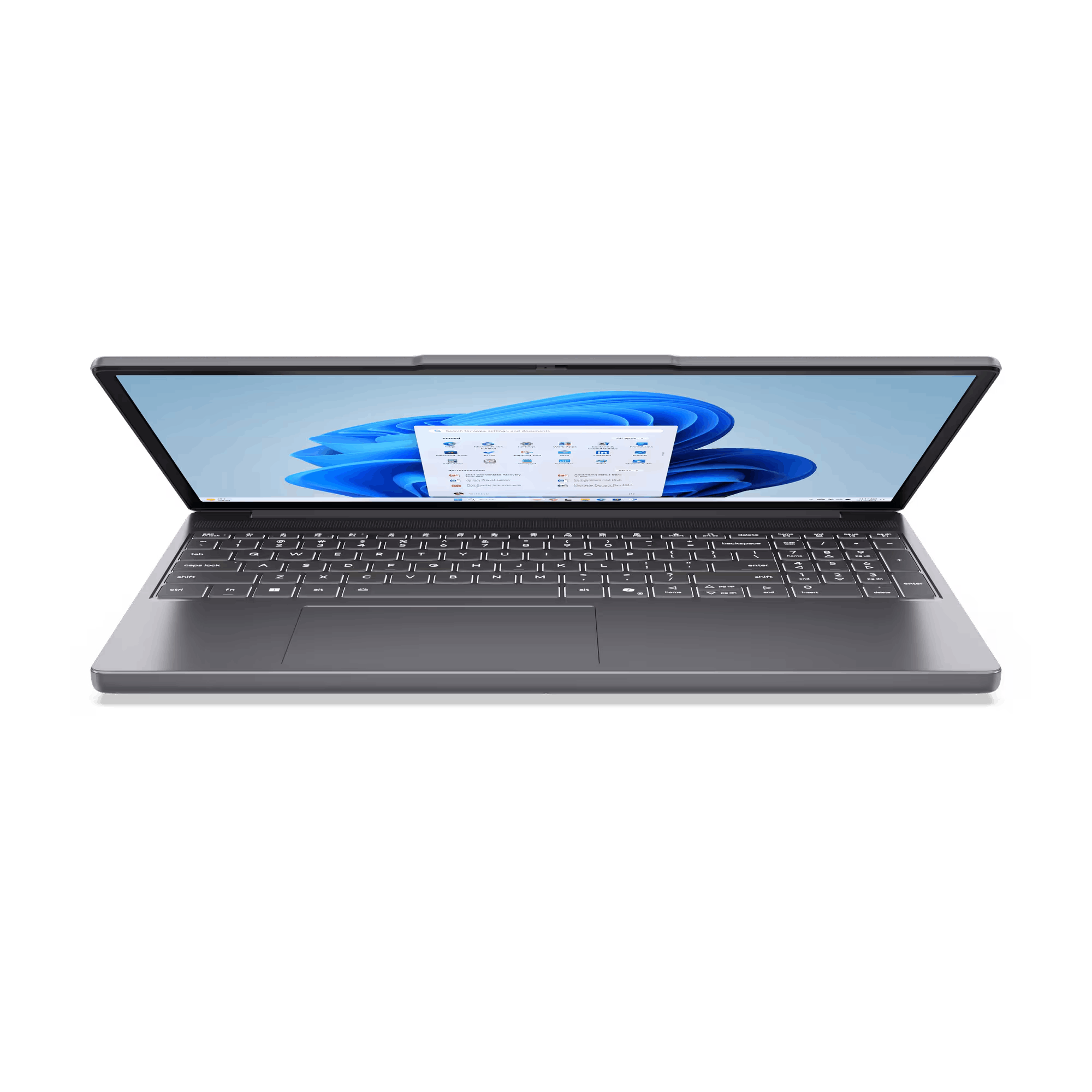 Una laptop con pantalla que muestra una interfaz azul, sobre un fondo negro.