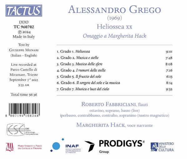 CD-Cover mit Text: Alessandro Grego, Heliossea XX. Enthält eine Titelliste und Credits. Weißer Hintergrund.