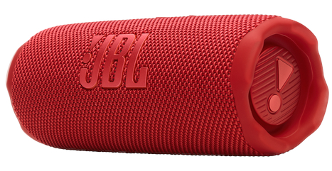 Czerwony głośnik JBL o siateczkowej fakturze. Jest cylindryczny z przyciskami z boku.