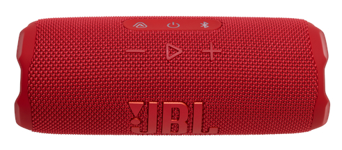 Czerwony głośnik JBL z przyciskami i logo JBL.