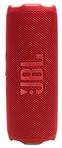 Czerwony głośnik przenośny JBL, o kształcie walca i logo JBL z przodu.