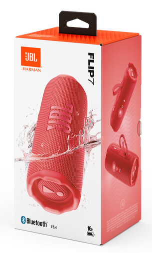 Pudełko głośnika JBL Flip 7. Pudełko jest czerwono-białe, pokazujące głośnik i jego funkcje.