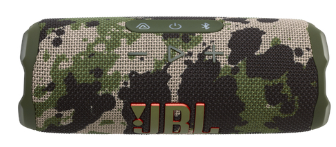 Głośnik JBL w kamuflażu zielono-brązowym. Logo JBL jest pomarańczowe.