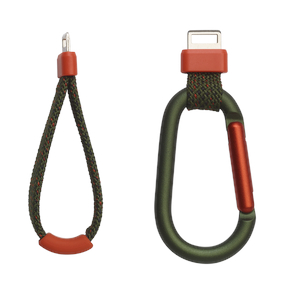 Dwa akcesoria do telefonu, jedno z pętlą, drugie to karabińczyk, oba zielone i pomarańczowe.