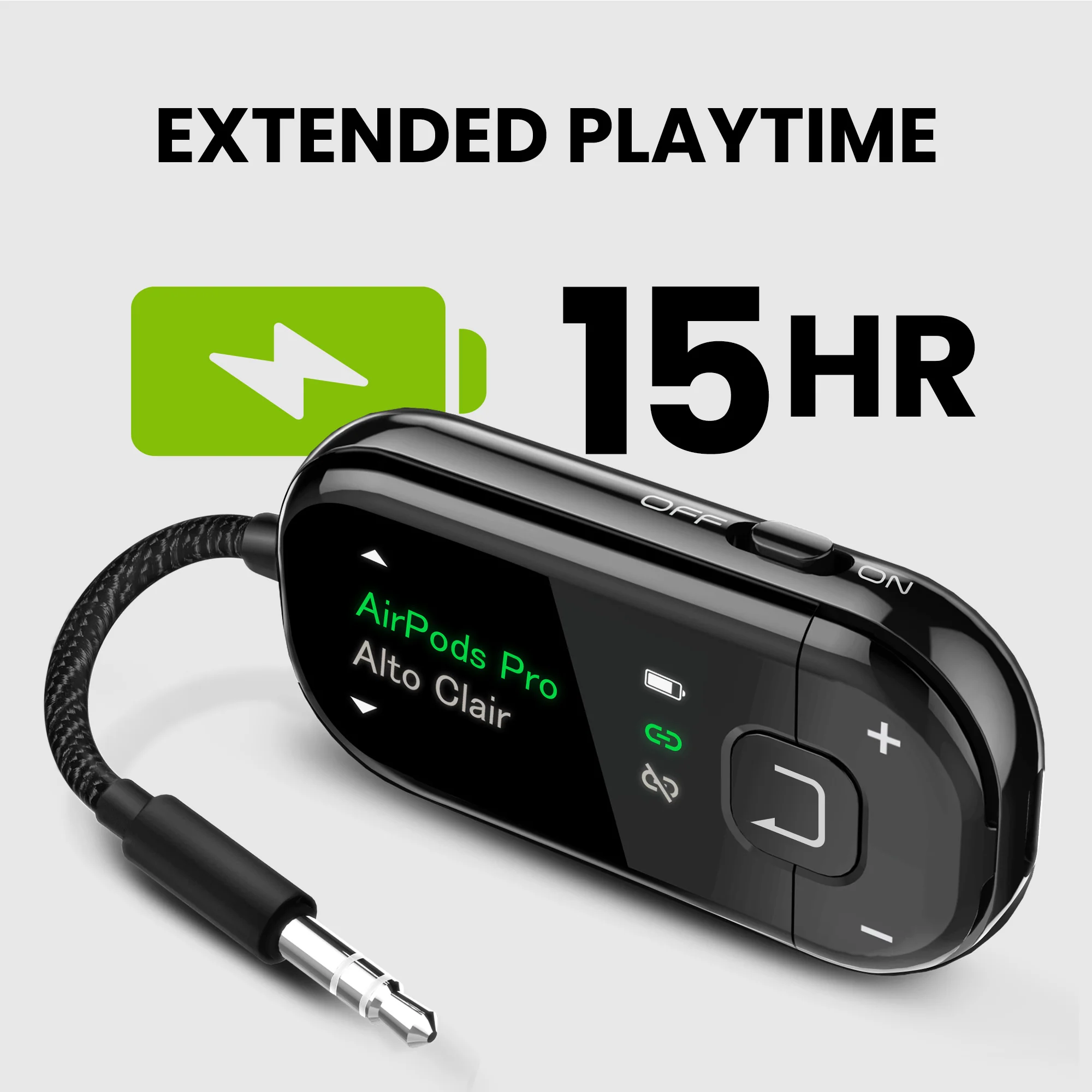 Un appareil noir avec un câble de chargement, affichant 'AirPods Pro'. Le texte dit 'Extended Playtime, 15HR'.