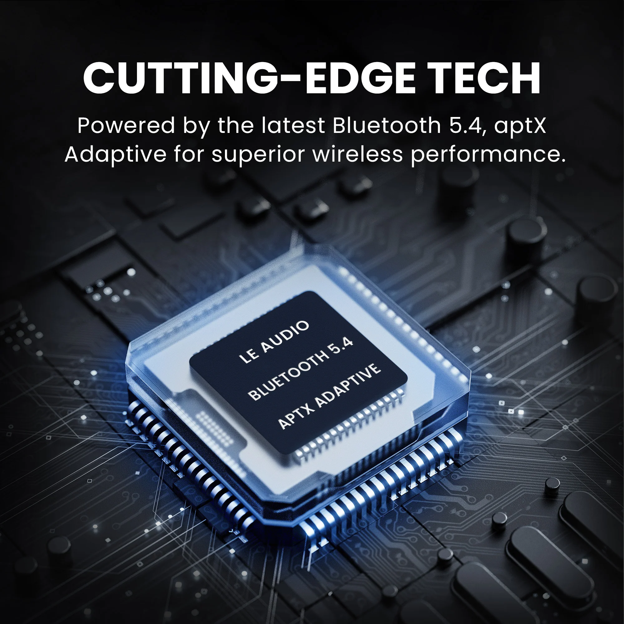 Une puce avec du texte, entourée de lumière bleue. Le texte dit 'LE AUDIO BLUETOOTH 5.4 APTX ADAPTIVE'.