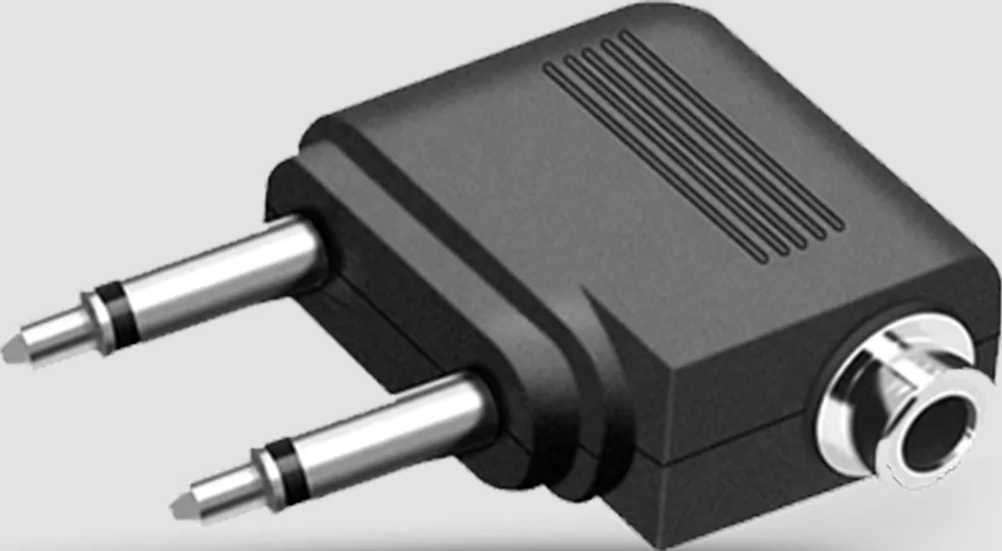 Adaptateur audio noir avec deux prises argentées et un port audio femelle.