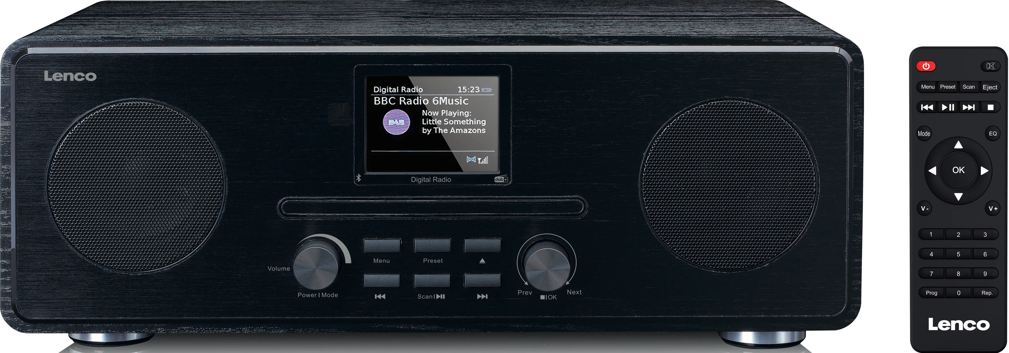 Une radio Lenco noire avec un écran affichant des informations et une télécommande.