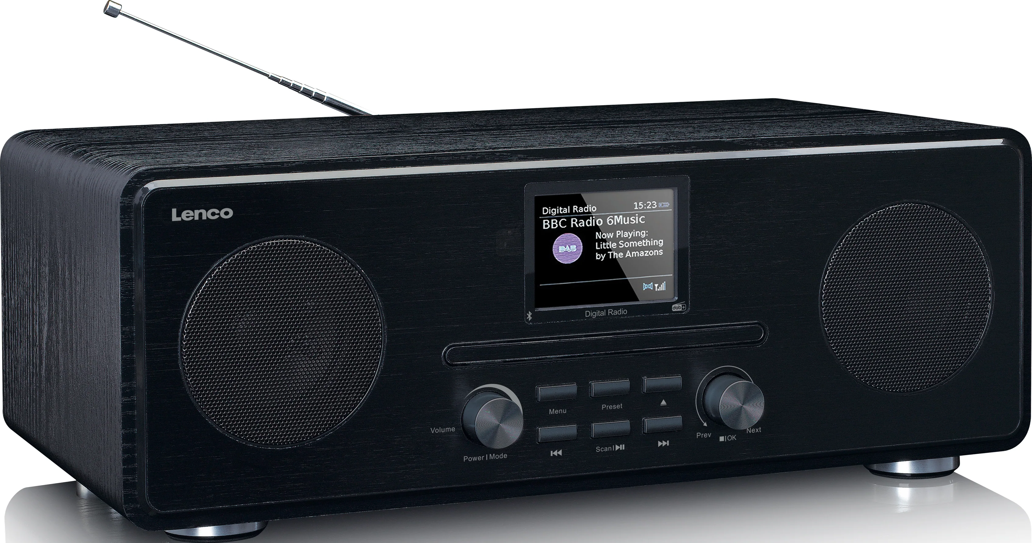 Radio Lenco noire avec écran numérique, boutons et antenne.
