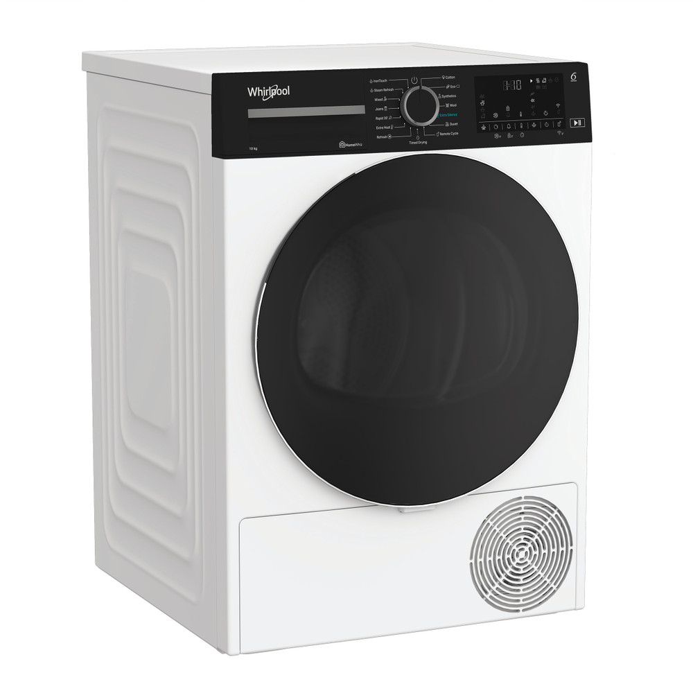 Egy fehér Whirlpool szárítógép, fekete ajtóval és vezérlőpanellel, szellőzőráccsal alul.
