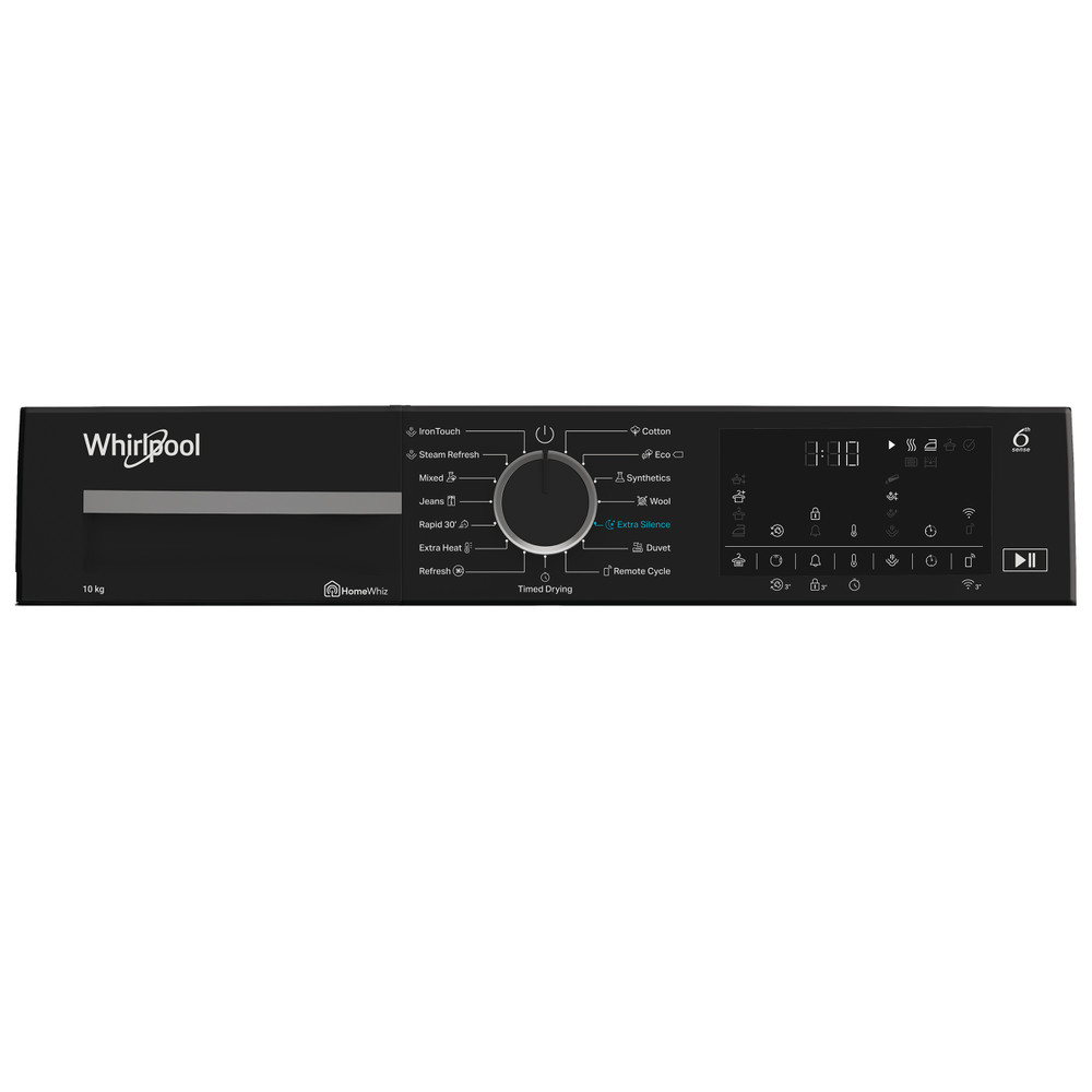 Fekete Whirlpool szárítógép vezérlőpanel. Jellemzői a programválasztó, digitális kijelző és különböző szárítási opciók.